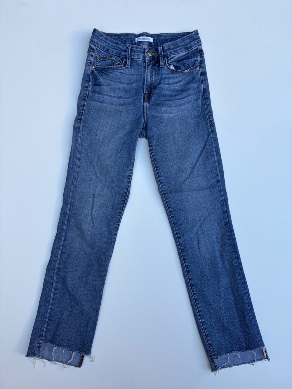 Good American Dark Blue Frayed Ankle Jeans